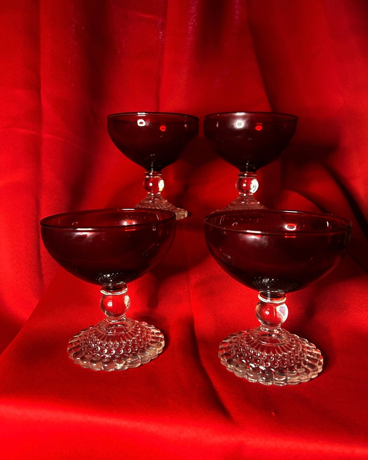 Vintage Crystal Ruby with Clear Two Ball Stem Liquor Cocktail Glass Set of  Four