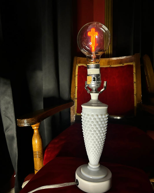 Milkglass Lamp with Cross Lightbulb