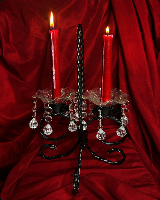 Wrought Iron Double Candelabra with Drop Crystals