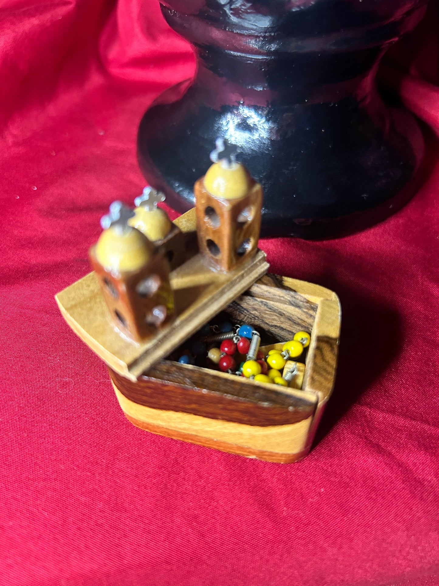 Vintage Wooden Box with Rosary & View of Virgen de Guadalupe