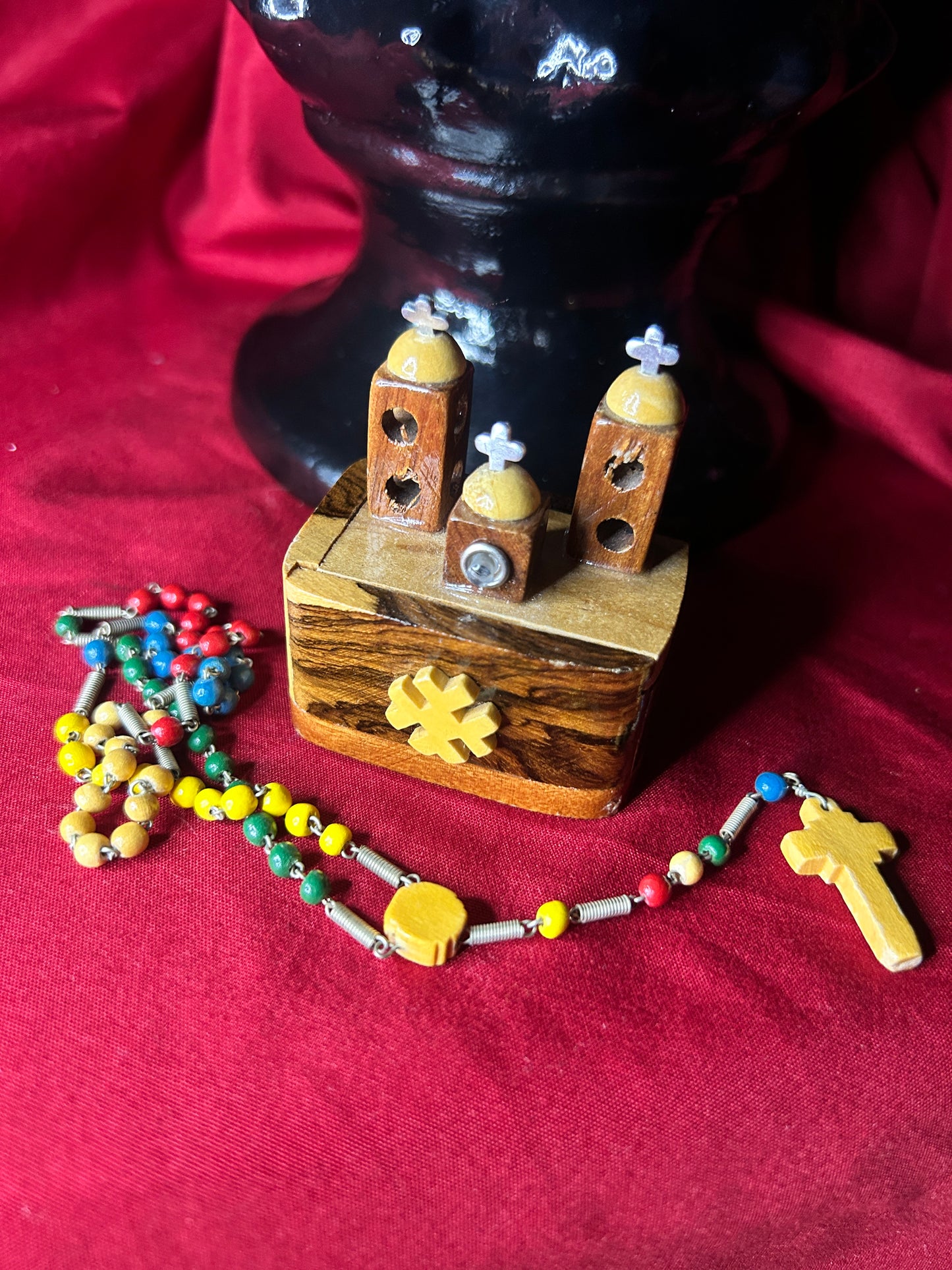 Vintage Wooden Box with Rosary & View of Virgen de Guadalupe