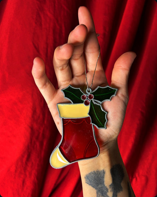 Mistletoe Stocking Faux Stained Glass Suncatcher