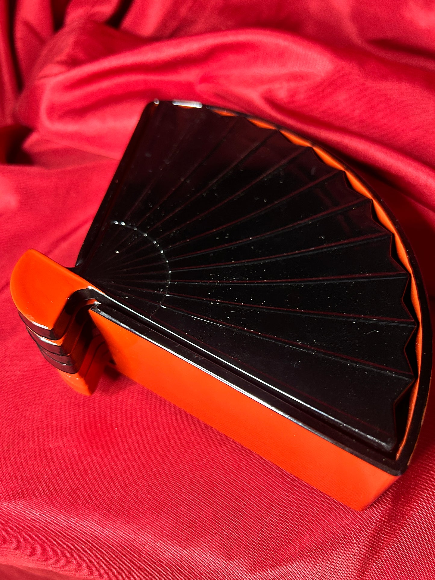 1980’s Otagiri Hand Painted Red & Black Fan Coasters with Holder Set of 7